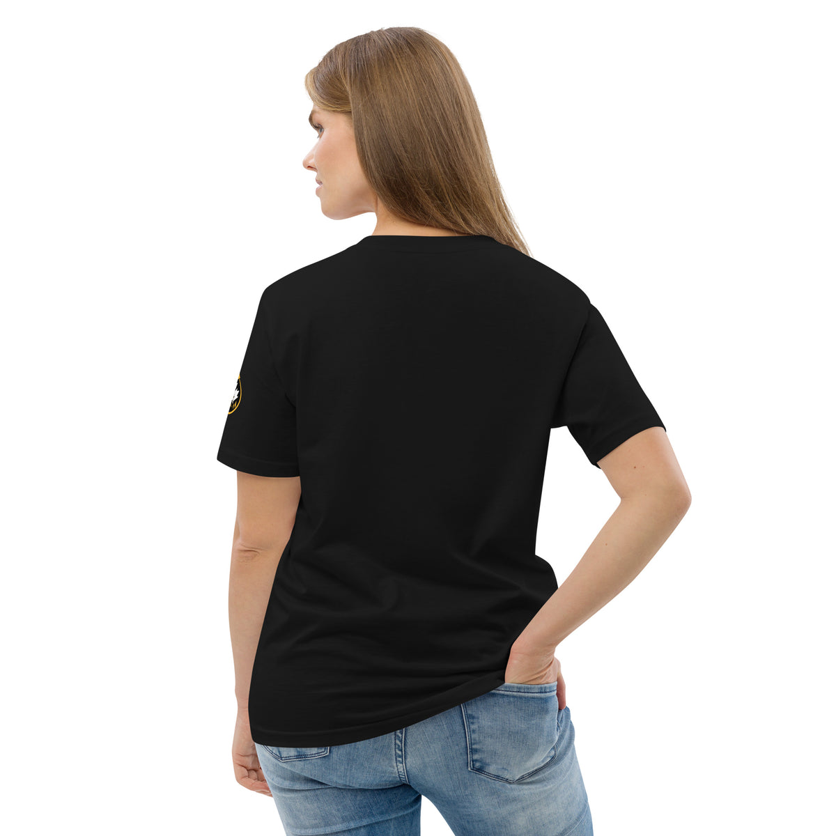 Back detail view of the black organic-cotton campaign T-shirt