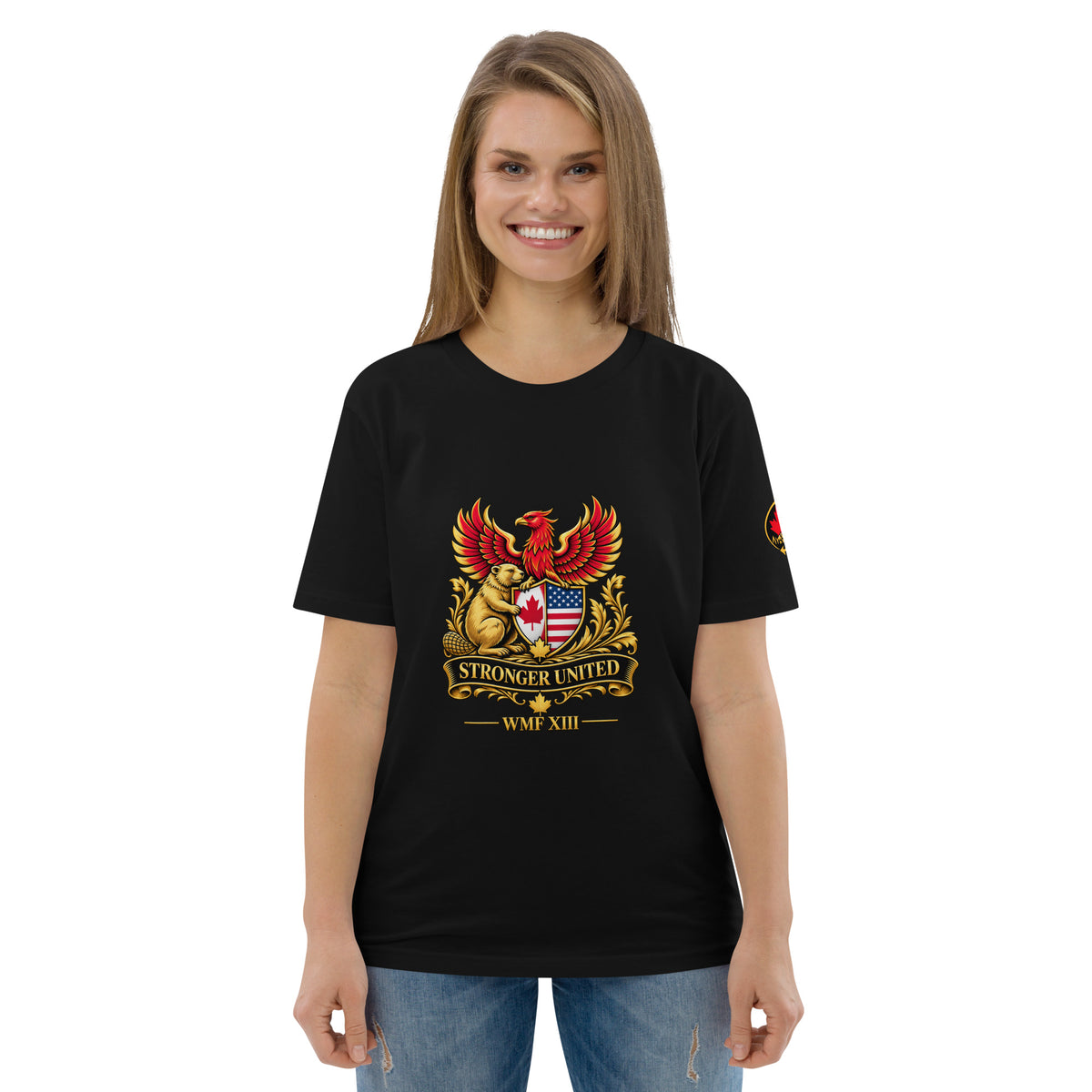 Front view of the black WMF XIII Stronger United Crest Tee