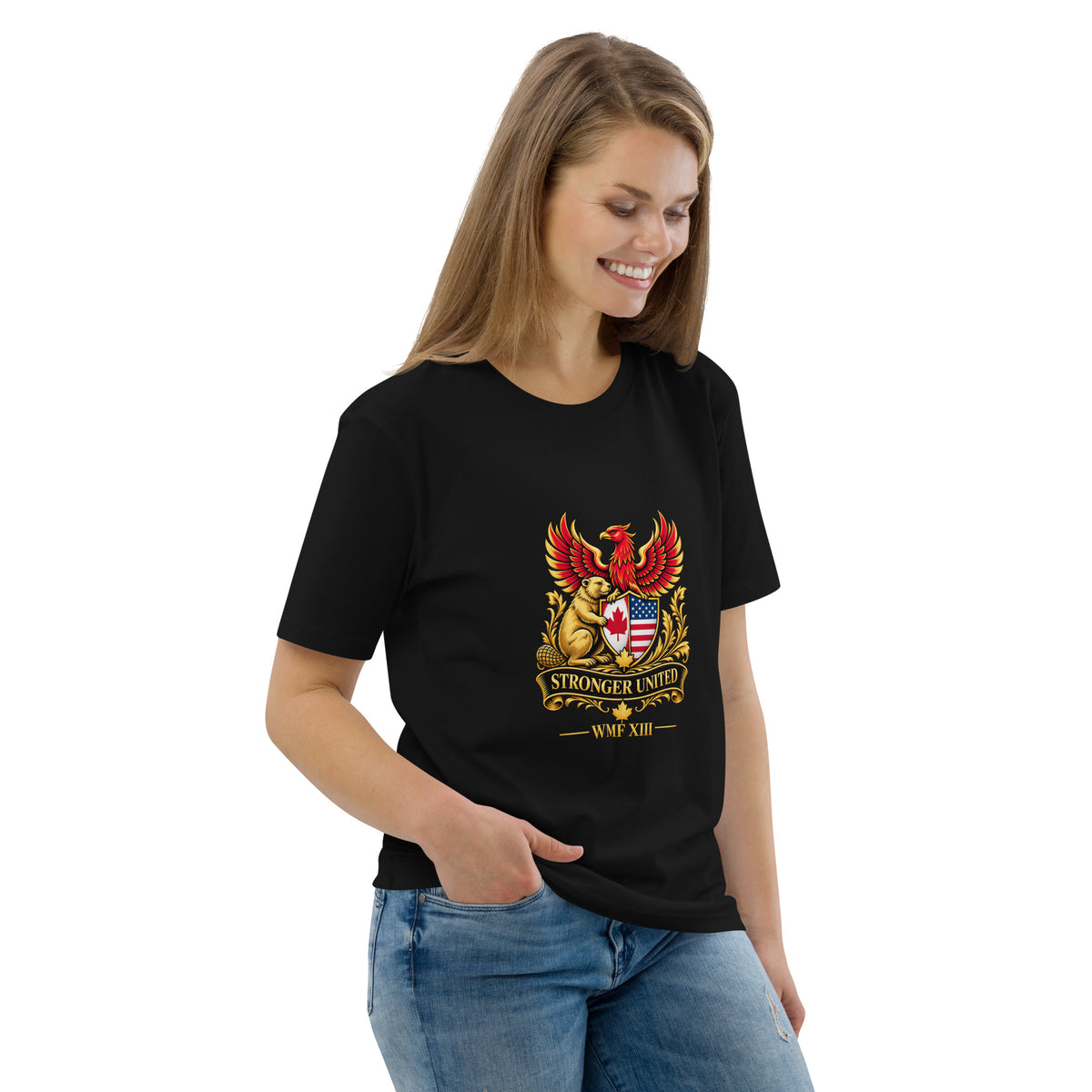 Right-front view of the WMF XIII Stronger United Crest Tee